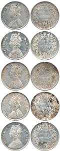 Victoria Queen, Silver Rupee (5), 1862, Bombay Mint, A / II / 0 / 4. Very Fine+ to About U