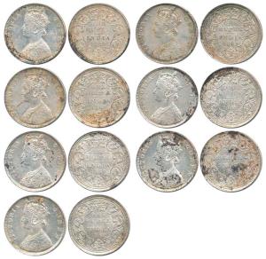 Victoria Queen, Silver Rupee (7), 1862, Bombay Mint, B / II / 2 / 0 (6) and 1862, Madras M