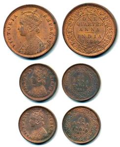 Victoria, Copper ¼ Anna, 1889; Copper 1/12 Anna (2), 1889. About Uncirculated. (3)