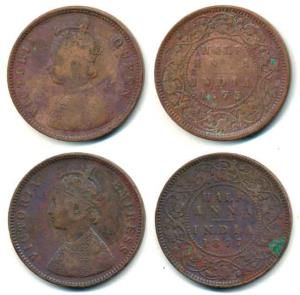 Victoria Queen, Copper ½ Anna (2), 1875 and 1877. Fine+. (2)