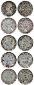 Victoria Queen / Empress, Silver ¼ Rupee (5), 1875, 1884, 1888, 1889 and 1897. Fine to Ver