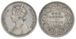 Victoria Empress, Silver Rupee, 1881, Calcutta Mint, A1 / I / C incused. About Very Fine, 