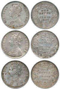 Victoria Empress, Silver Rupee (3), 1885, Bombay Mint, A3 / II / 'B' raised and A3 / I / '