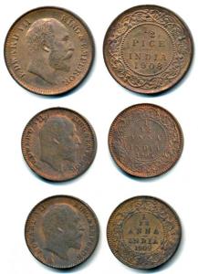 Edward, Copper ½ Pice, 1908; Copper 1/12 Anna (2), 1905, 1909. Extremely Fine to About Unc