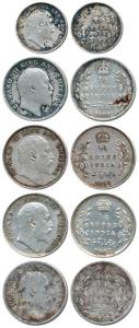Edward VII, Silver ¼ Rupee and 2 Annas, ¼ Rupee, 1903, 1905, 1907 and 1908, 2 Annas, 1903.