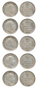 Edward VII, Silver ¼ Rupee (5), 1903, 1904, 1906, 1907 and 1908, All Calcutta Mint. Very F