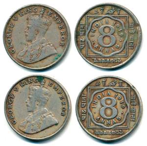 George V, Cupro-Nickel 8 Annas (2), 1919, Bombay and Calcutta Mint. About Very Fine. (2)