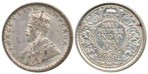 George V, Silver ½ Rupee, 1921, Calcutta Mint, No Mint Mark. About Uncirculated, Scarce.