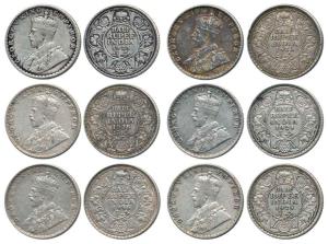 George V, Silver ½ Rupee (6), 1923, 1924, 1925, 1926, 1928 and 1936. Fine+ to Very Fine. (