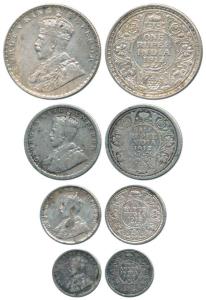 George V, Silver Rupee, 1/2, ¼ and 2 Annas, 1912. Fine+ to Very Fine, Scarce as a set. (4)