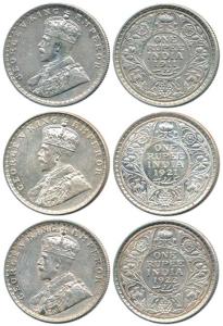 George V, Silver Rupee (3), 1911, 1921 and 1922. Very Fine to Very Fine+. (3)