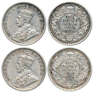 George V, Silver Rupee (2), 1915, Calcutta Mint, No Mint Mark. Very Fine, Scarce. (2)
