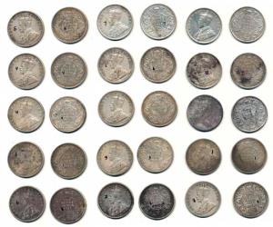 George V, Silver Rupee (15), 1912 (2), 1916, 1917 (6), 1918, 1919 (3) and 1920 (2). About 