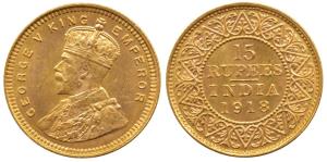 George V, Gold 15 Rupees, 1918, Bombay Mint, (KM 525). Extremely Fine, Very Rare.