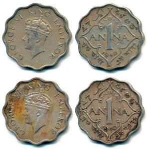 George VI, Cupro-Nickel 1 Anna (2), 1940, Calcutta Mint, head type I and head type II. Ver