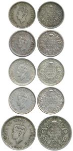 George VI, Half Silver ½ Rupee and ¼ Rupee (5), ½ Rupee, 1943, Lahore Mint and ¼ Rupee, 19