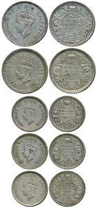 George VI, Half Silver Rupee (2), 1940 and 1942; Half Silver ½ Rupee (3), 1941 and 1943, B
