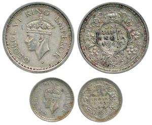 George VI, Half Silver Rupee and 1/4, 1945, Bombay Mint, both large '5'. About Very Fine t