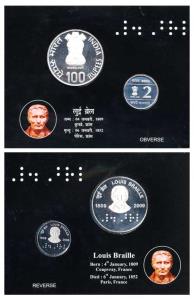 2009 Proof Set, 200th Birth Anniversary of Louis Braille, set of Rupees 2 and 100. Within 