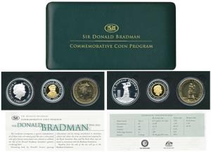 Australia, Sir Donald Bradman (1908-2001), set of 3 Proof, Silver $5, 31.1g; Bi-metal Gold