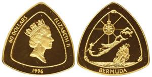 Bermuda, Elizabeth II, 1996 Gold Proof Triangle $60, 31.5g, .999 fine, obv. map, compass a