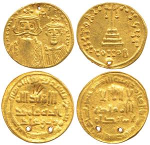 Byzantine Gold Solidus, 4.23g; Islamic, Ummayids, Gold Dinar, 3.68g. Both with holes at to
