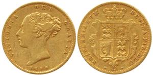 Great Britain, Victoria, Gold ½ Sovereign, 4g, Shield on rev., 1866. About Very Fine, Rare