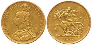 Great Britain, Victoria, Gold 5 Pounds, 40g, Jubilee head, St. George slaying a dragon on 