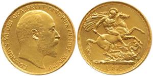 Great Britain, Edward VII, Gold 2 Pounds, 16g, St. George slaying a dragon on rev., 1902. 