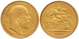 Great Britain, Edward VII, Gold 5 Pounds, 40g, St. George slaying a dragon on rev., 1902. 