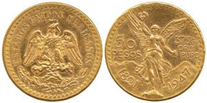Mexico, Gold 50 Pesos, 41.62g, 1947, obv. Centennial of Independence, rev. winged Victory 