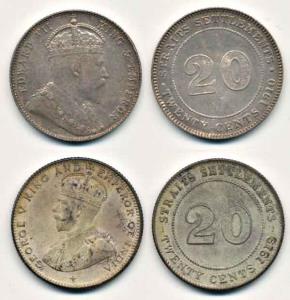 Strait Settlement, Edward VII, Silver 20 Cents, 1910 B; George V, 1919 B. Very Fine. (2)