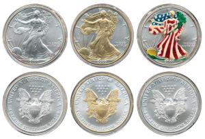 USA Silver American Eagle Series, set of 3 Walking Liberty, the first completely colourise