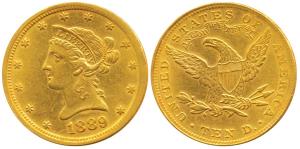 USA, Gold 10 Dollars, 16.71g, Liberty Head on obv., 1889. Very Fine+, Scarce.