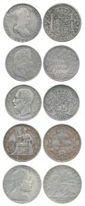 Silver Crown (5), Belgium 1873; Ethiopia; France 5 Francs 1836; French Indo Chine 1900; Sp
