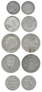Silver (5), Afghanistan 1 Rupee 1320; Belgium 2 Francs 1911; South Africa ½ Crown 1940; So