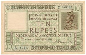 George V, Rupees 10, 1st issue, 1925, signed H. Denning, (Jhun 6B.1) prefix not recorded i