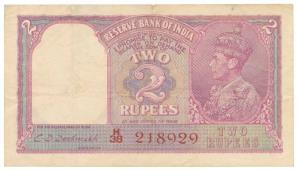 George VI, Rupees 2, 1944, signed C. D. Deshmukh, red serial number, (Jhun 2.3). Fine+. Se