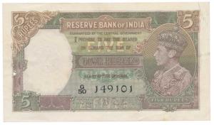 George VI Rupees 5, 1st Issue, 1938, signed J. B. Taylor, (Jhun 3.1). Very Fine.