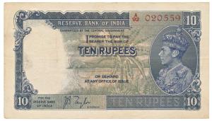 George VI, Rupees 10, 1st issue, 1938, signed J. B. Taylor, (Jhun 5.1). Very Fine.