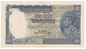 George VI, Rupees 10, 1st issue, 1938, signed J. B. Taylor, (Jhun 5.1). Very Fine.