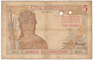 French India, Banque De L'Indochine, Rupees 5, Pondichery, (Jhun 2.2). Two punch holes at 