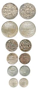 Silver (6), Rajkot restrike of a Mohur; Mewar Rupee (2); Kutch Jai Hind Kori; Alwar Rupee,