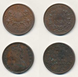 EIC and Victoria Queen, Copper ½ Anna, 1835 and 1862. Fine+ to Very Fine, Scarce. (2)