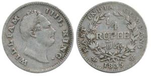 William IV, Silver ¼ Rupee, 1835, Calcutta Mint,'F', 19 Berries. Fine+, Scarce.