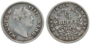 William IV, Silver ¼ Rupee, 1835, Calcutta Mint,'F' Raised, 18 Berries and dot after Date.