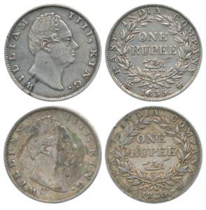 William IV, Silver Rupee (2), 1835, Calcutta Mint, dug out 'F', 19 Berries. About Very Fin