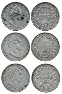 William IV, Silver Rupee (3), 1835, Calcutta Mint, 'F' incuse, 19 Berries and Bombay Mint,