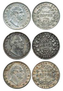 William IV, Silver Rupee (3), 1835, Calcutta Mint, 'F' raised, 19 Berries and Bombay Mint,