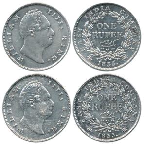 William IV, Silver Rupee (2), 1835, Calcutta Mint, 'F' incuse, 19 Berries and 'F' raised, 